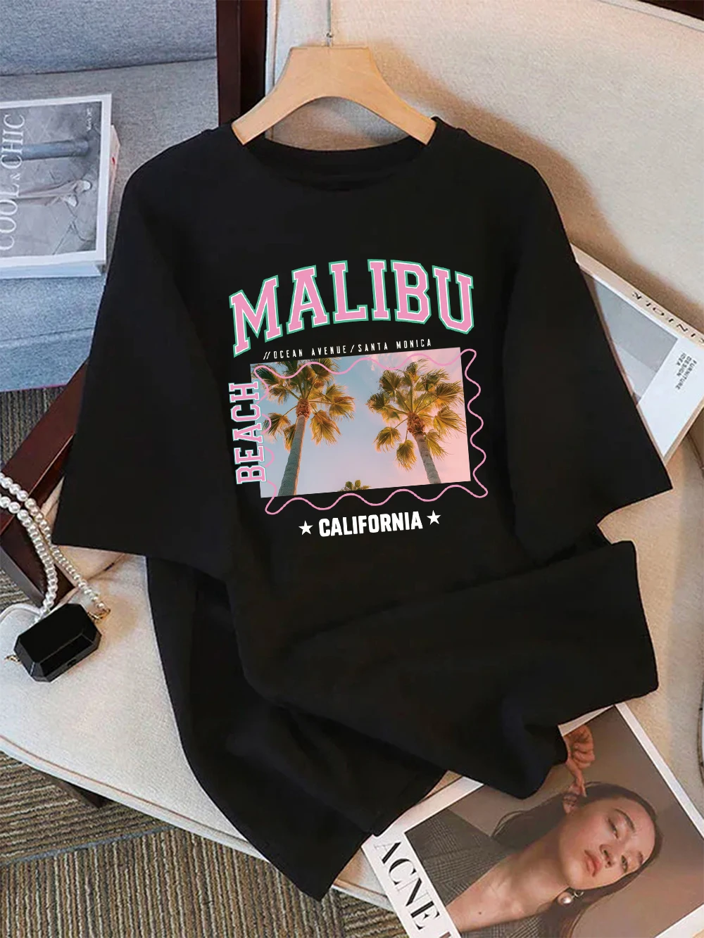 Sommer Baumwolle T-Shirt Frauen Malibu Coconut Tree California Druck T Shirt Lose Oansatz Weiche Tops Urlaub Casual Womans Kleidung