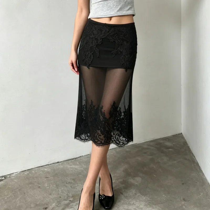 

Talenza Summer Fashion Lace Midi Skirt Women’s Sexy Black See Through Patchwork Slim Skirt Vintage Female Party Streetwear Skirt