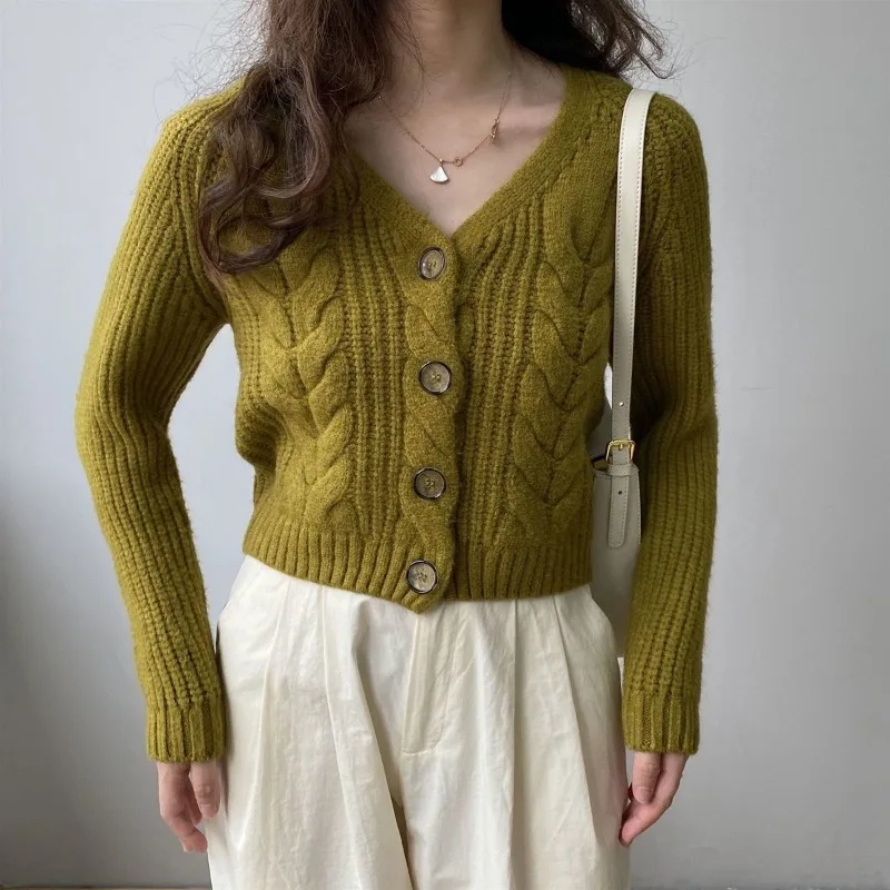 Женский весенне-осенний новый свитер с высокой талией и v-образным вырезом на пуговицах, модный однотонный свободный повседневный вязаный кардиган