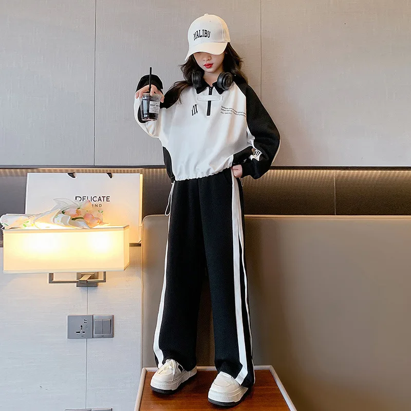 Spring Autumn School Girl Tracksuit Teenager Girl Half Zip Contrast Sweatshirts+Straight Pants School Girl 2pcs Suit 4-12Yrs