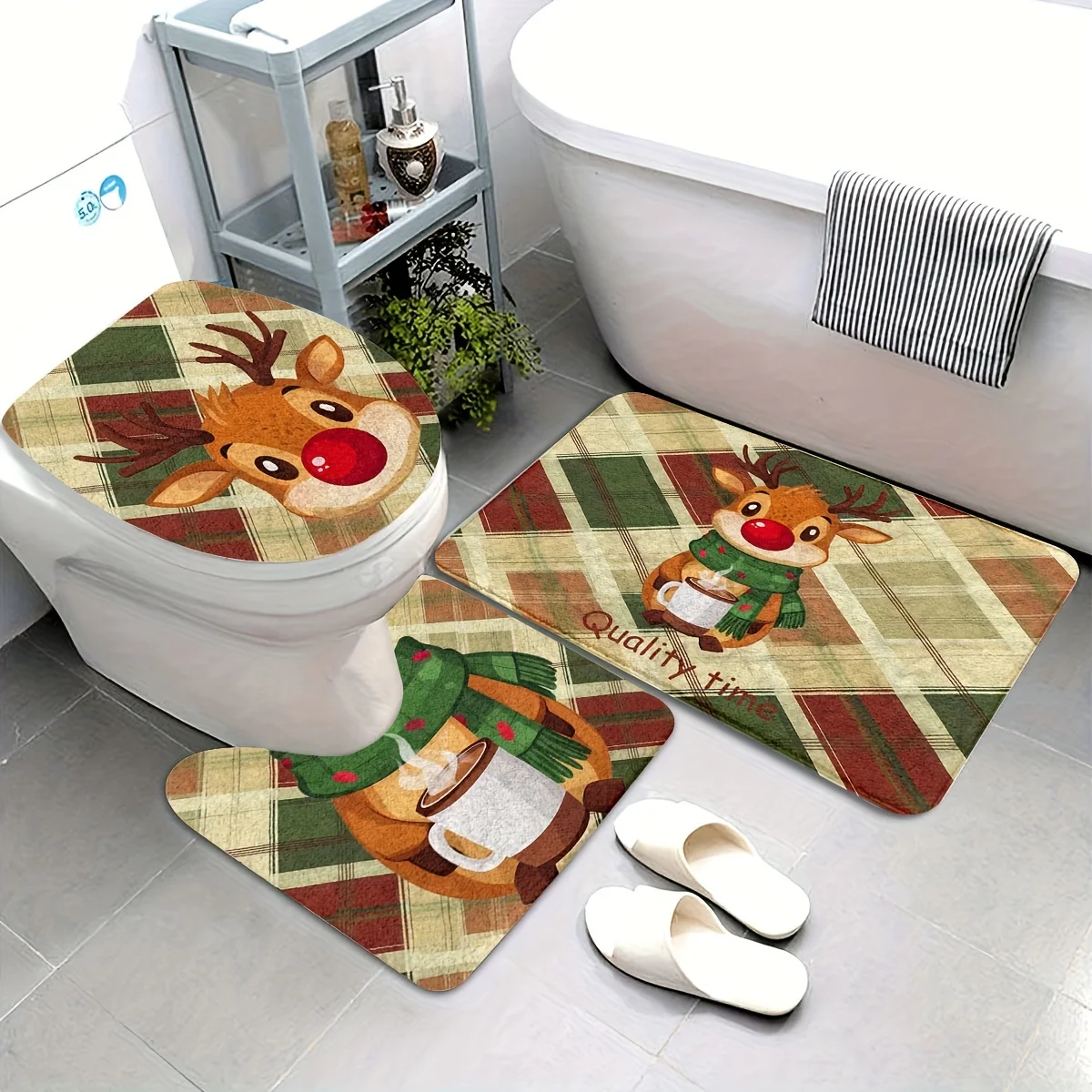 

3pcs classic Christmas plaid coffee-drinking moose floor mat, made of soft flannel material, non-slip and machine washable, very