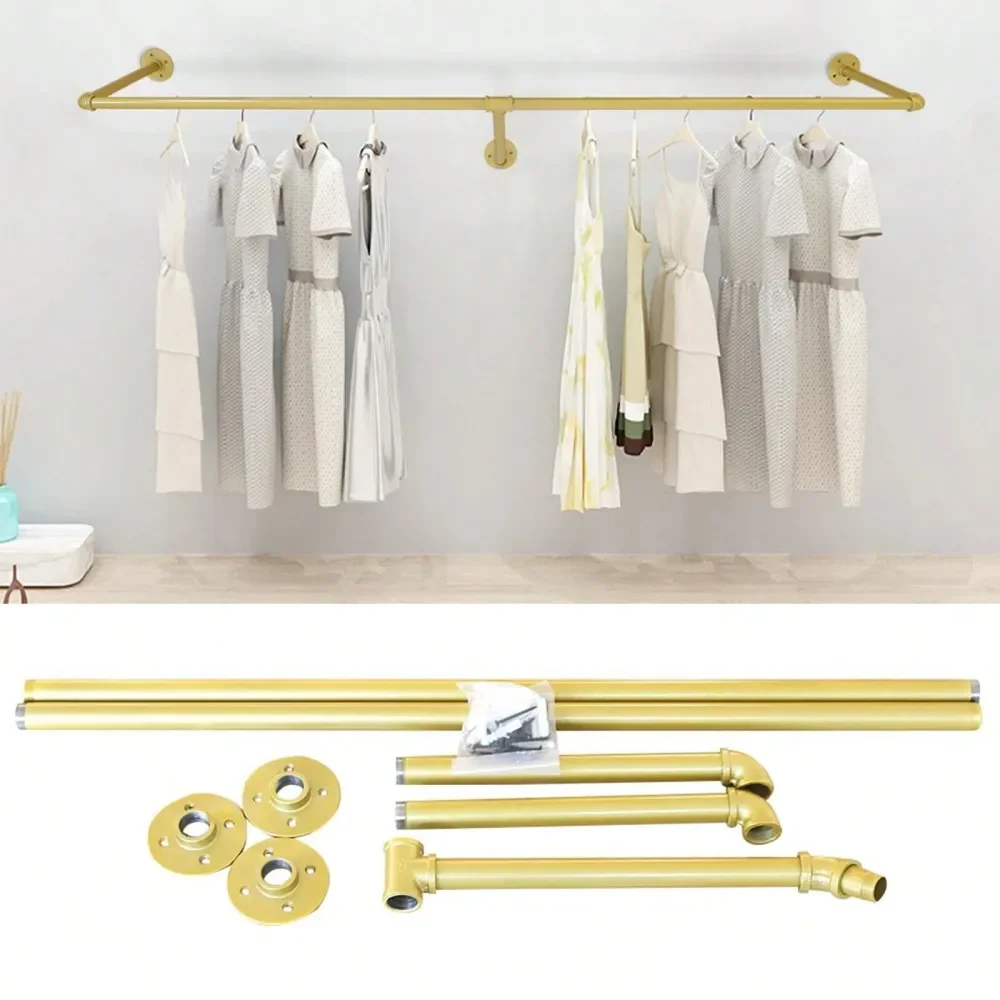 

Industrial Gold Clothes Rack Stylish WallMounted Clothes Hanging Pole For Home, Boutique, Or Event Display, Durable Metal Desig