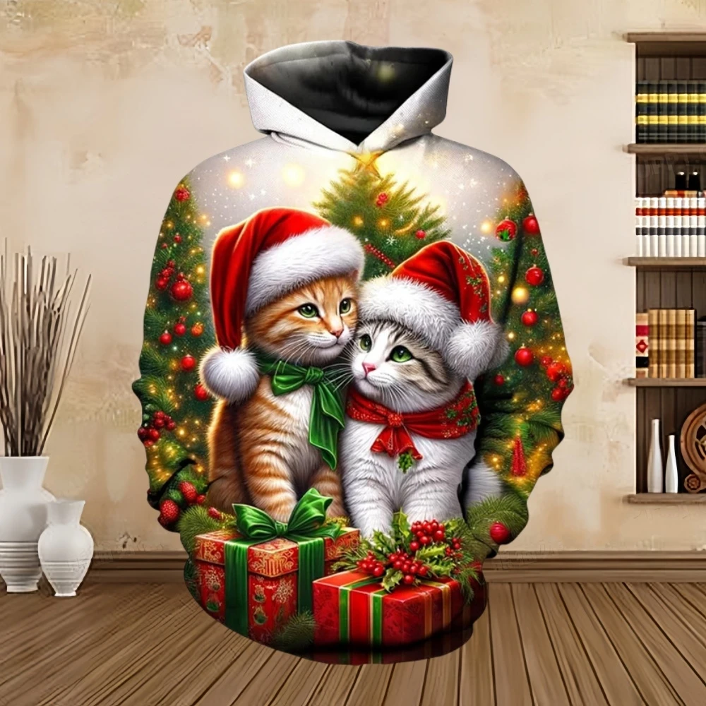 Children's Hoodie Christmas Cute Cat Print Kids Clothes Santa Claus Hoodie Sweatshirt Holiday Casual Fashion Children's Clothing