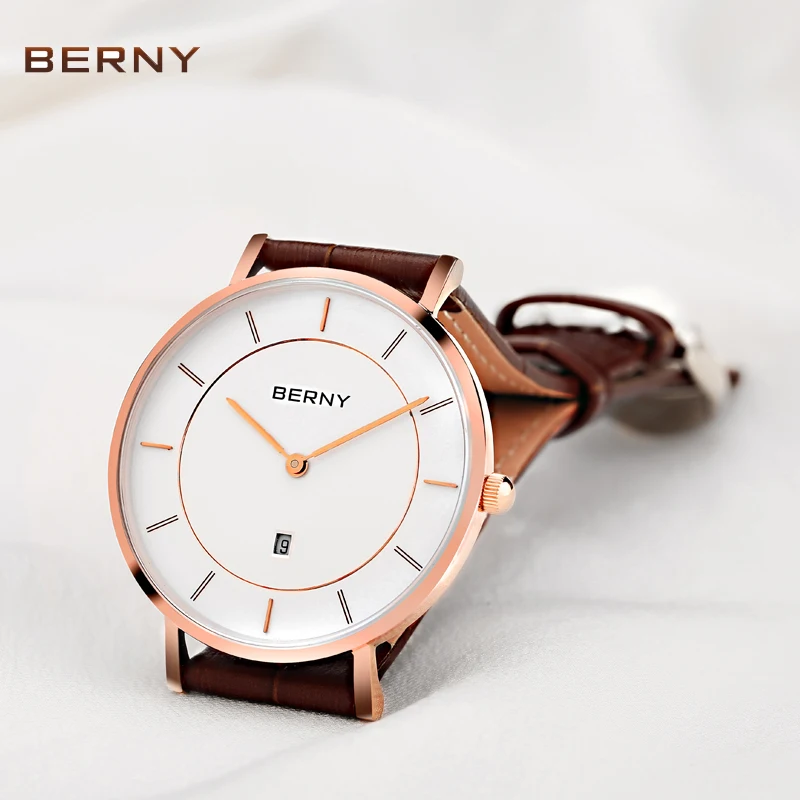 BERNY-Montre à Quartz en Acier Inoxydable pour Homme et Femme, Étanche, Saphir, Dames, Date, Calendrier, Boîtier Ultra-Mince, Montre d'Affaires