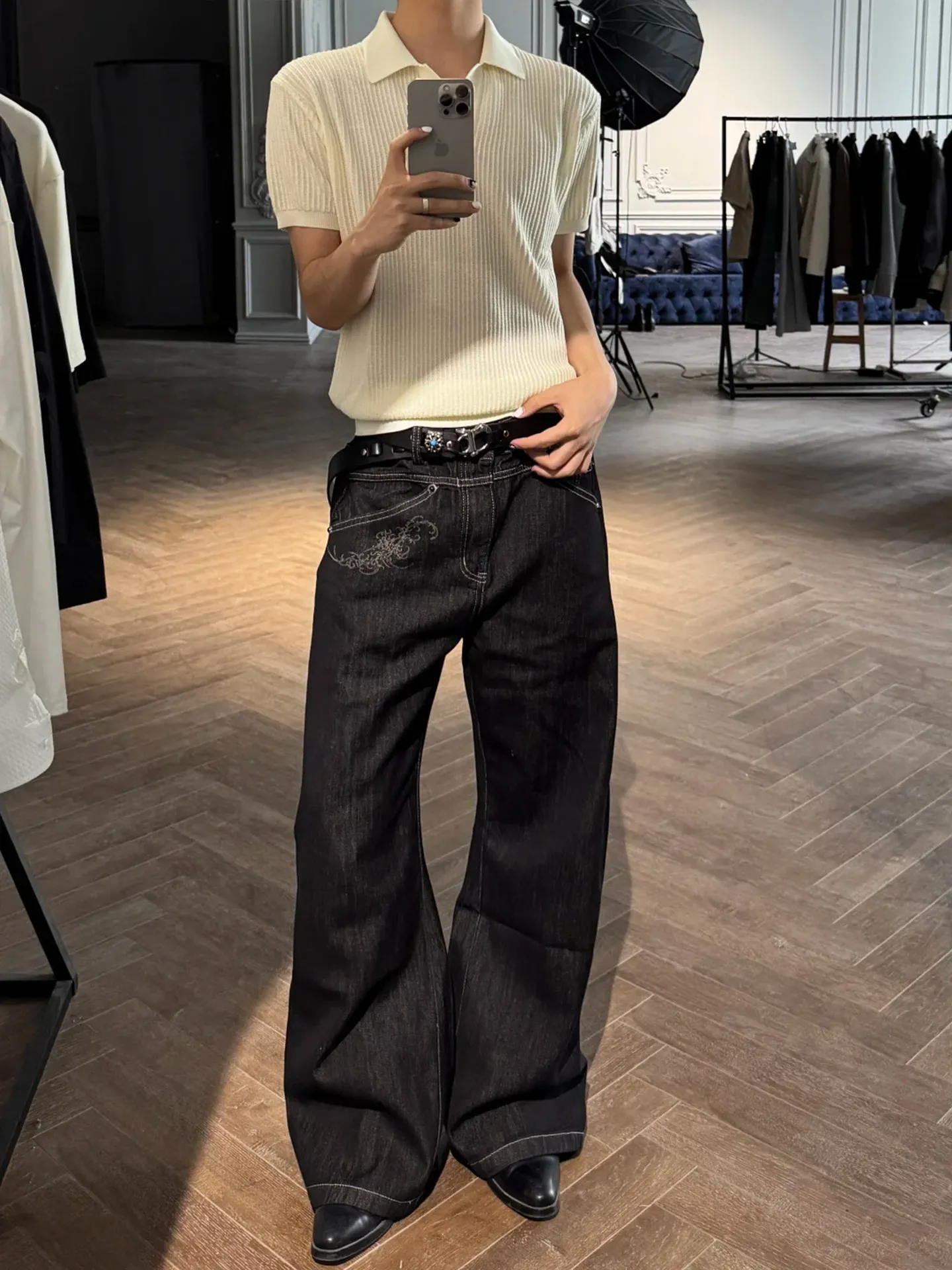 American High Street Retro Laser Burning Black Jeans Men's Cleanfi Loose Straight Casual Wide Leg Pants mid Waist Button Closure