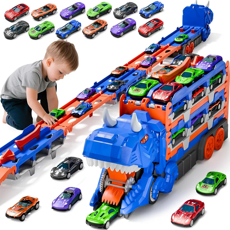 

Kids Car Toys Gift for Boys Ages 3-12 Includes 12 Foldable Transforming Dinosaur Vehicles Perfect for Playroom and Car Seat Ente