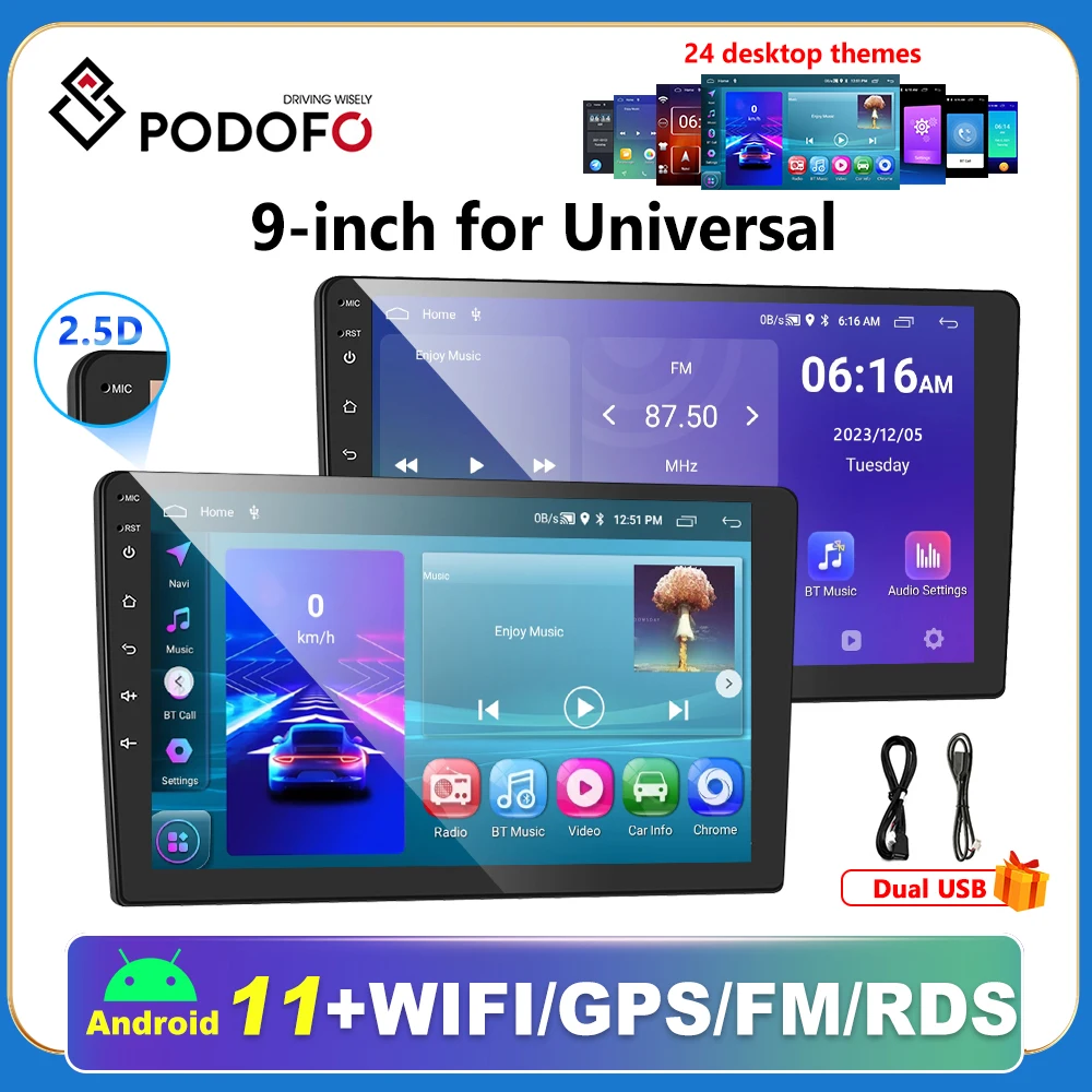 Podofo 2din GPS Car Stereo Radio Android 11 Bluetooth FM WIFI Car MP5 Player 9inch For Universal Ford Nissan Toyota Kia Hyundai