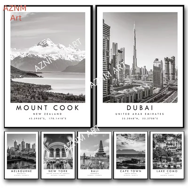 Black White Travel City Poster Dubai Prague Sydney Perth Tokyo Print Canvas Painting Wall Art Picture for Living Room Home Decor