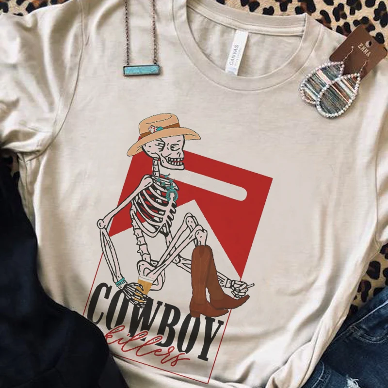 Skeleton Cowboy Killer Vintage Western T Shirt Oversized Cowgirl Cute Funny T-Shirt Woman Country Music Tshirts Hippie Tops Tee