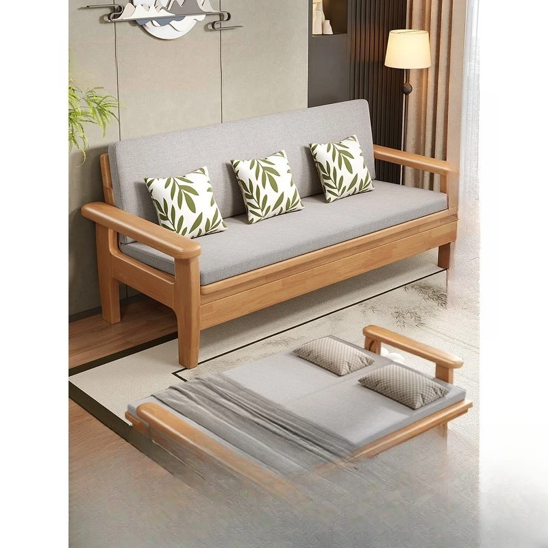 Solid wood sofa bed new Chinese living room push-pull dual-purpose multi-functional small apartment double log foldable sofa