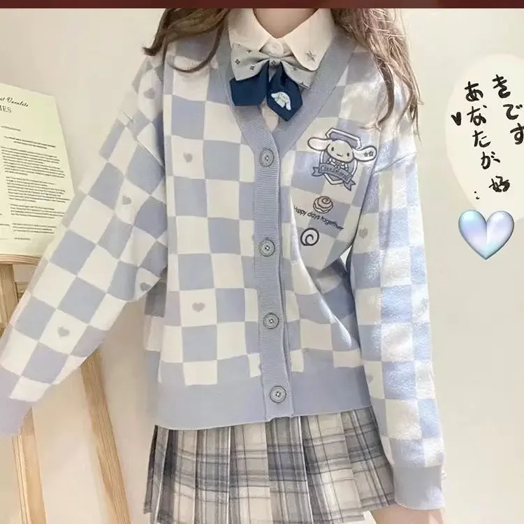 Sanrio Jade Dog Original Jk Knitted Sweater Jk Uniform Checkerboard Sweater Cute Cardigan Early Autumn Loose Top Wear Outside