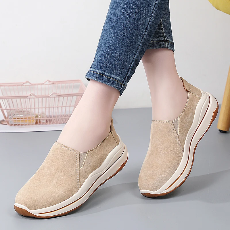 

5CM Women Walking Shoes Suede Mesh Loafers Sports Outdoor Light Flats Breathable Fitness Sneakers Black Soft Size 35-42