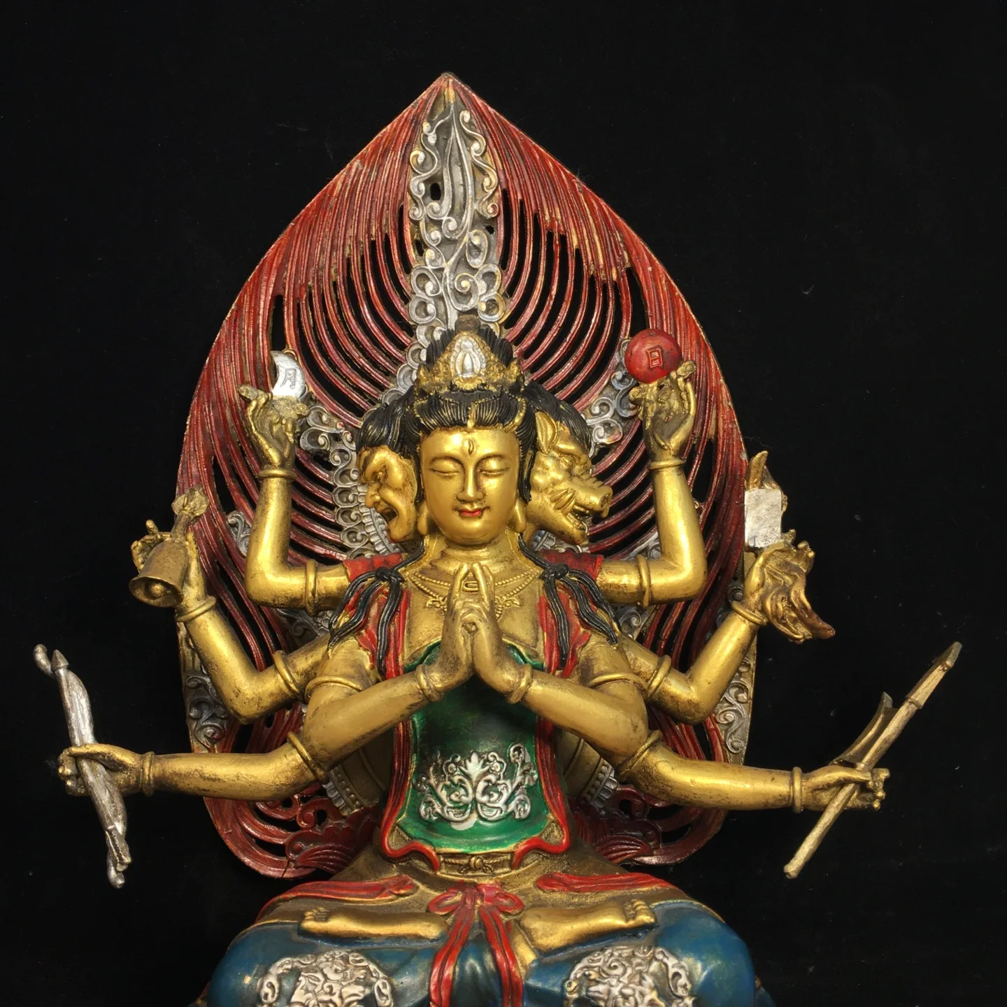 

15"Tibetan Temple Collection Old Bronze Painted Gilded Doumu Yuanjun The Goddess of Big Dippers Sitting Buddha Worship Hall