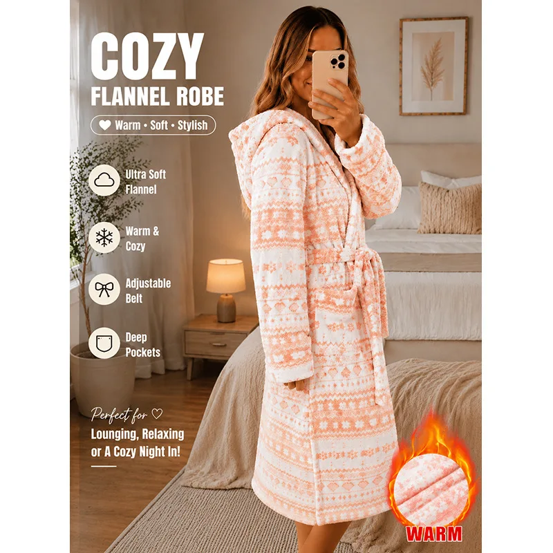 2026 New Autumn Winter Women Snowflake Print Flannel Bathrobe Soft Warm Adjustable Belt Pocket Ladies Cozy Home Robe Loungewear
