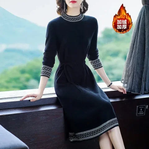 Autumn Winter Elegant Fashion Patchwork Waist Lace Up Dress Ladies Long Sleeve Slim Add Velvet Robe Women Vintage Casual Vestido