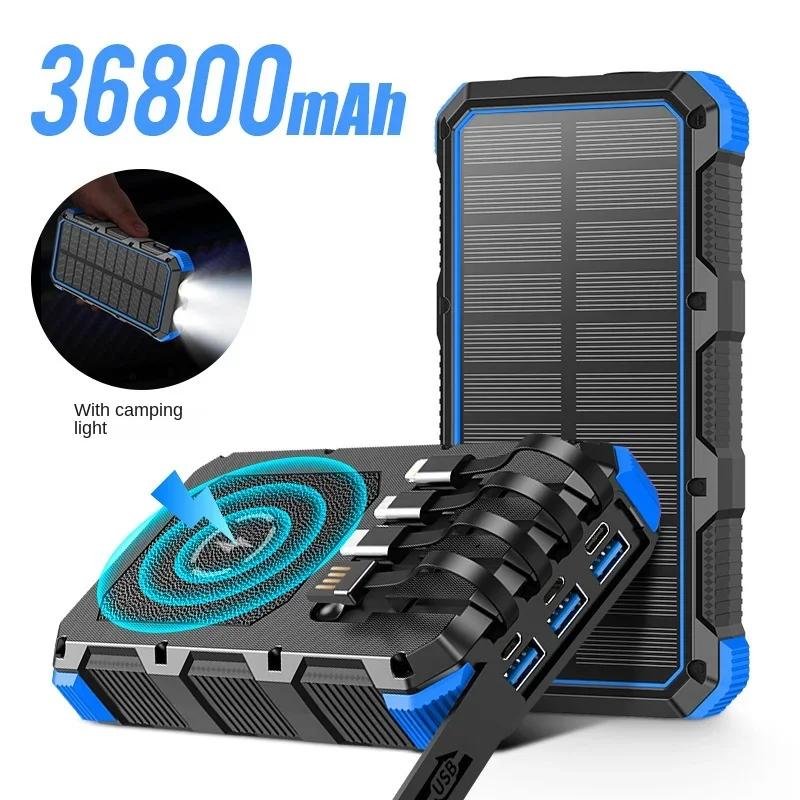 36800mAh Fast Charging Solar Power Bank with Built-in Line Flashlight Wireless Charging Mobile Power Light Camping Solar Charger