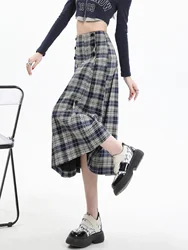 Women's Grey Plaid  A-line Pleated Skirt Vintage Y2k Long Skirt 90s Aesthetic Korean Elegant Preppy Style Skirts 2000s Clothes