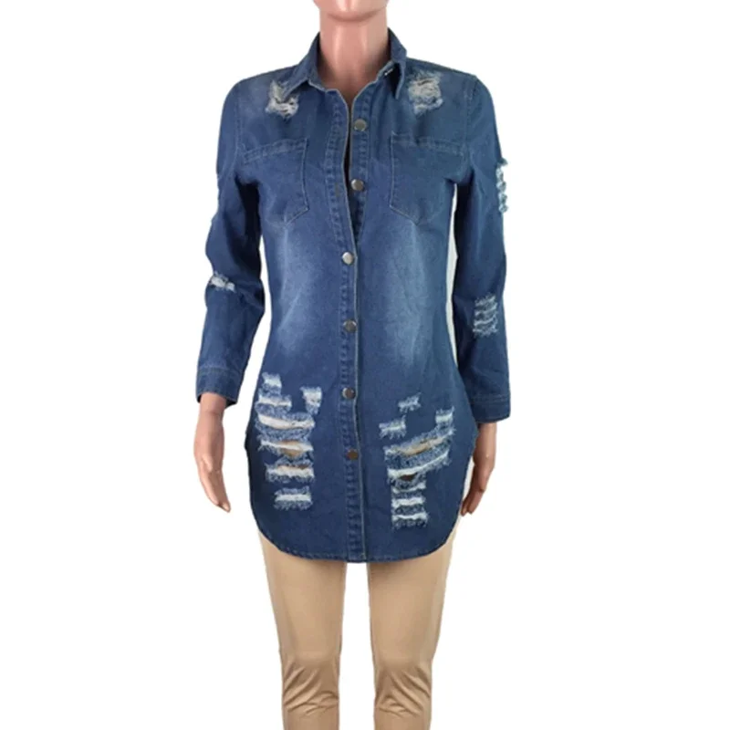 Plus Size Women Clothing Outwears 2023 Sexy Hole Cotton Long Sleeve Ripped Jean Jacket Women L-3XL Blue Denim Casual Loose Coat