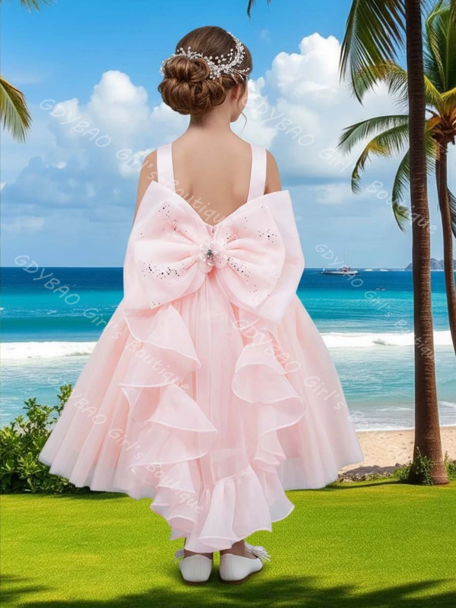 Witte prinses bloemenmeisje jurk kinderen bandjes lovertjes applicaties thee-lengte eerste communie jurk aangepaste bruiloft baljurk