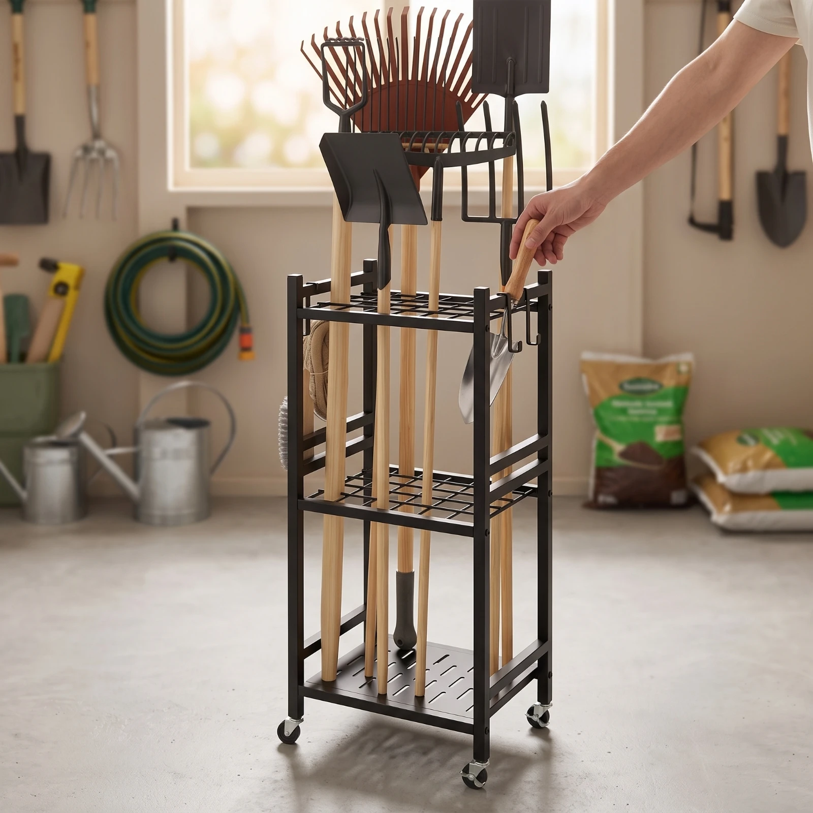 Garden Tool Rack with Wheels Compact Garden Tool Organizer with Wheels Utility Cart with Hooks Powder Coated Furniture