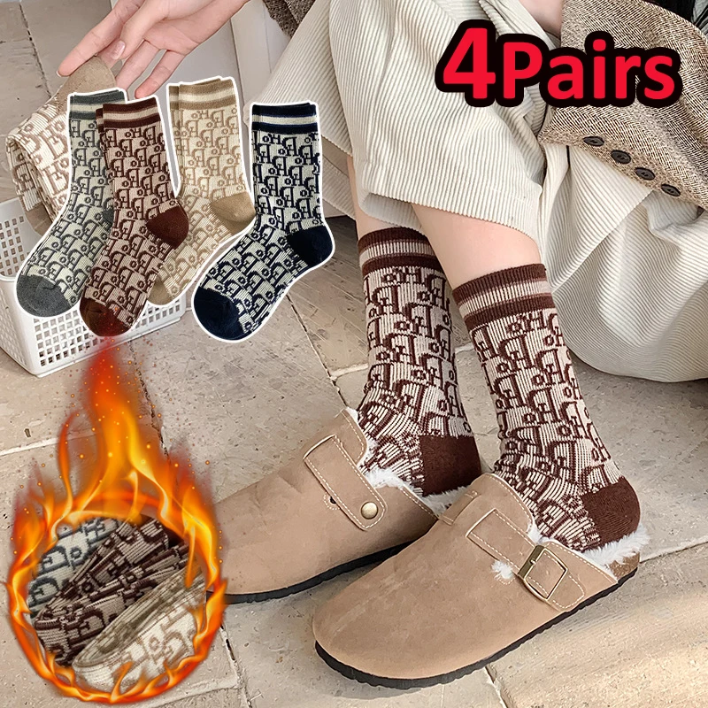 

1/2/4 пары зимних шерстяных носков для женщин, кашемировые теплые носки с буквенным узором, толстые дизайнерские носки средней длины с монограммой, роскошные корейские носки