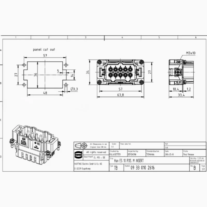 1pcs 09330102616 HARTING HanES 10ES Cage Spring Male Insert