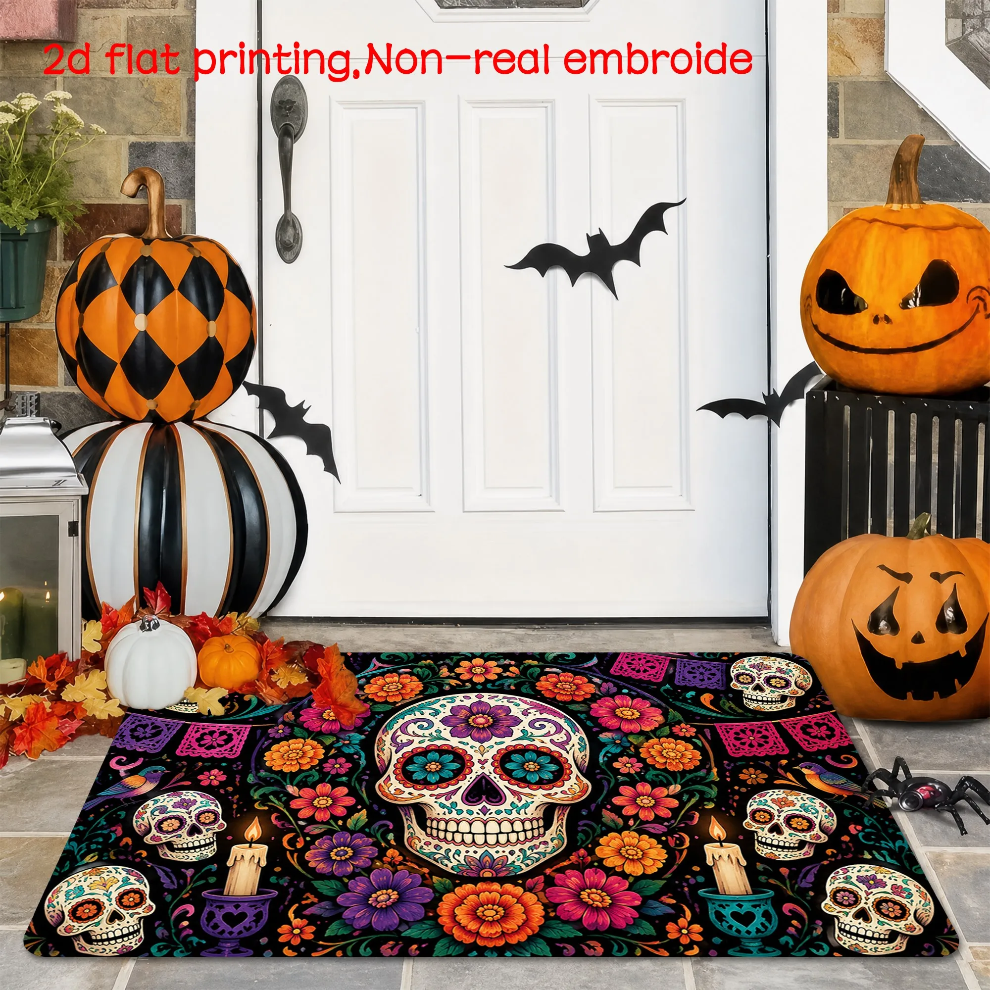 Sugar Skull Doormat 2D Flat Printed Day of The Dead Floral Floor Rug Non Real Embroidery for Halloween Entryway Home Decor