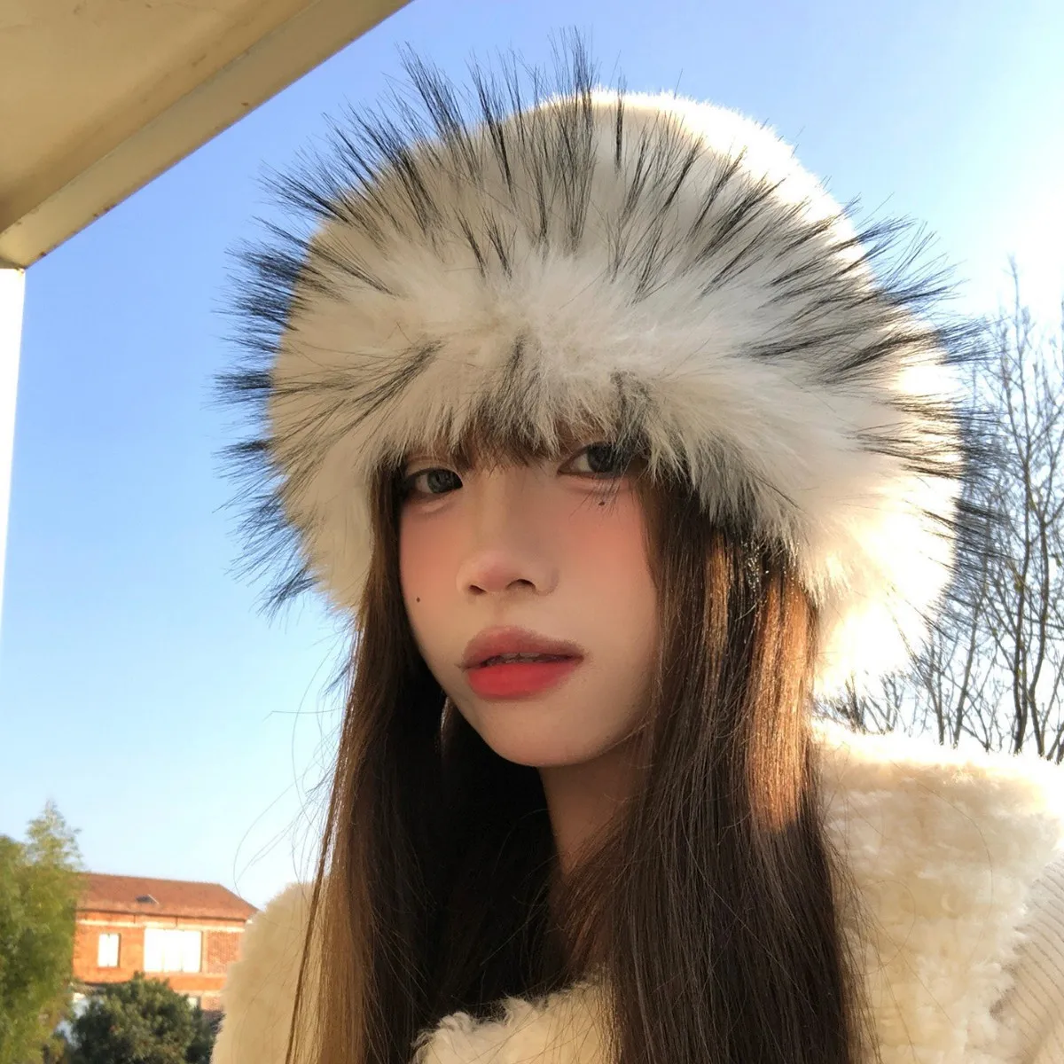 White Faux Fur Mongolian Hat Women Fluffy Plush Beanie Hat Thick Warm Furry Bucket Hat Winter Windproof Snow FurryHat Streetwear