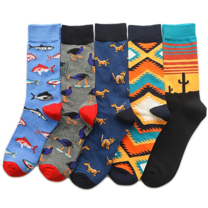 58 Models type Combed Cotton Men's Socks Cartoon Happy Fish Space Sunset Fishing Dog Funny Skateboard Crew Long Socks