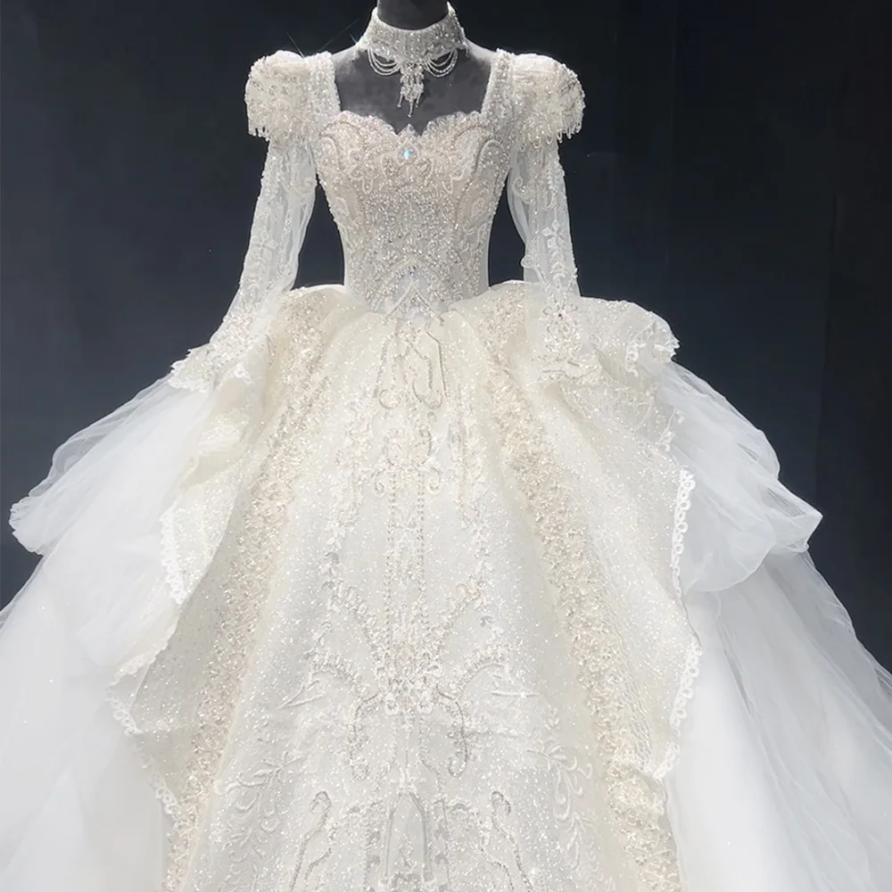 Robe de mariée à paillettes de luxe pour femmes, robe de Rhprincesse, col carré, perles perlées, manches longues, patients, quelle que soit la robe de mariée