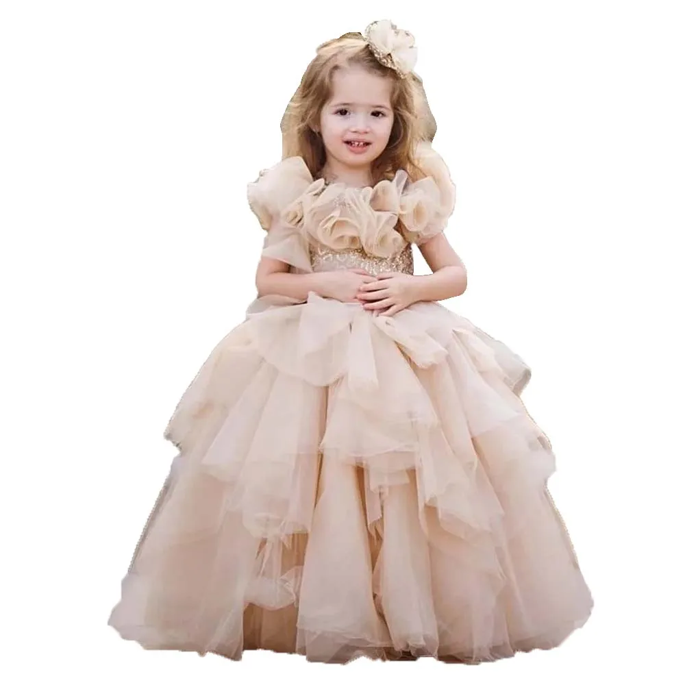 Vestido de princesa champán para niñas con flores hechas a mano en 3D, vestido de baile esponjoso, vestido de niña de flores de tul escalonado, vestido de fiesta personalizado
