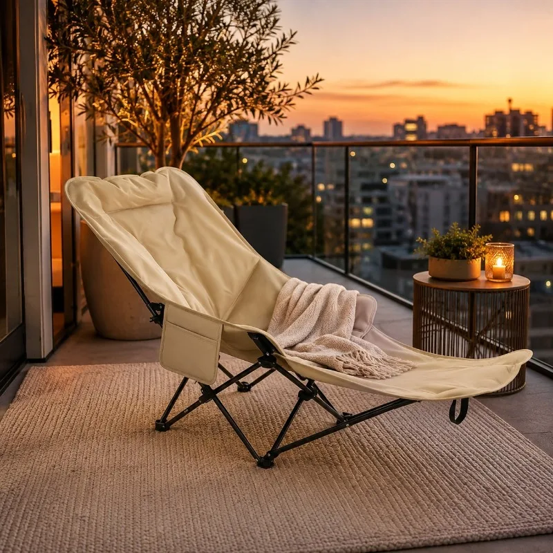 1pc Extra-Long Folding Camping Moon Chair For Adults With Integrated Footrest, Padded High Back, Side Pocket & Carry Bag, Portable Outdoor Lounge Recliner For Beach, Fishing, Picnic, Patio & Road Trips, 3 Colors