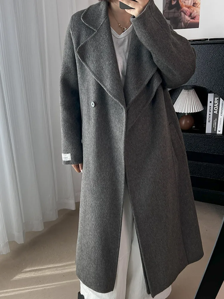 ZMEENNA レディース ロング ウール ブレンド コート ハイ カウルネックとタイベルト付き 暖かい冬用アウター ミニマリスト グレー ZM4385