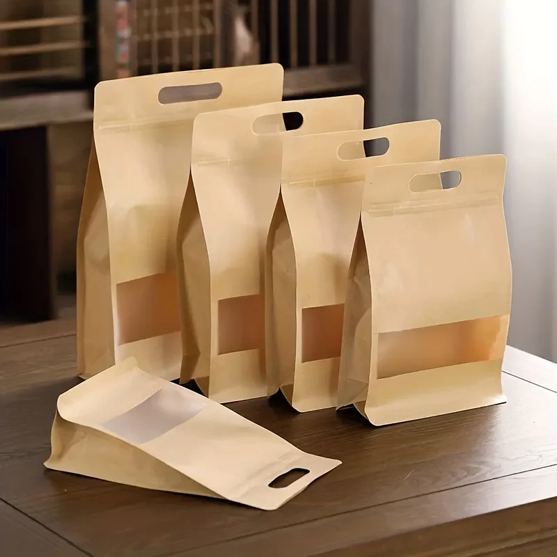 10PCS Handle Hole Eight Side Sealed Kraft Paper Bag Pouch Visible Window For Dried Fruit Tea Produce Food Storage Packaging Bag