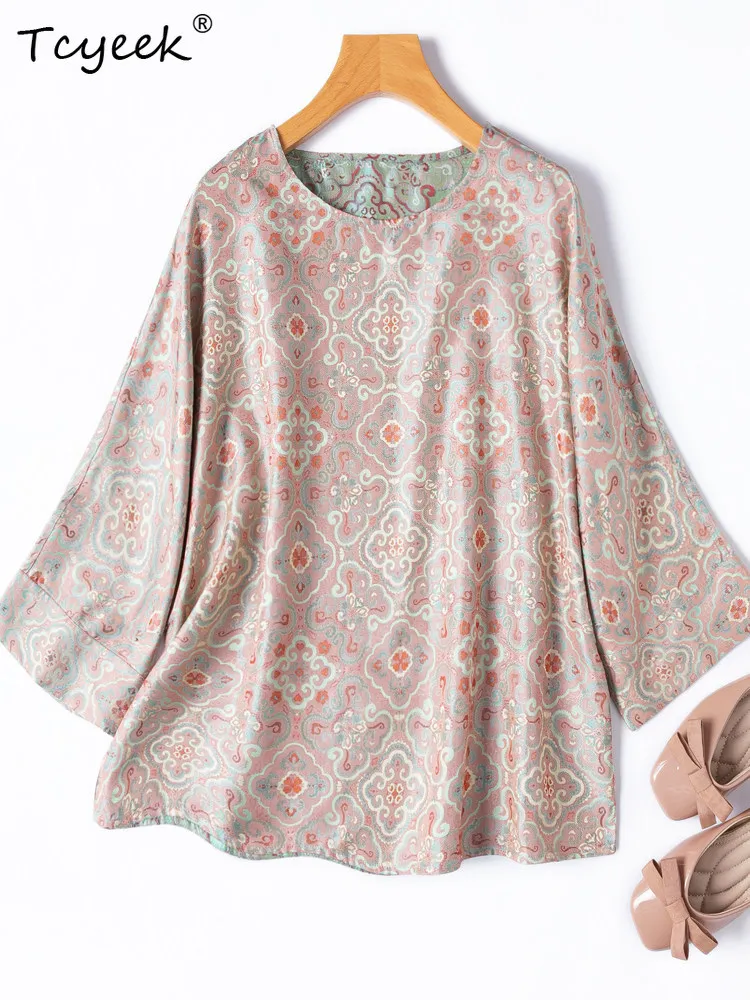 

Tcyeek 100% Mulberry Silk Blouse Long Sleeve Womens Tops Summer Clothes Elegant T-Shirts for Women Jacquard Футболка Женская
