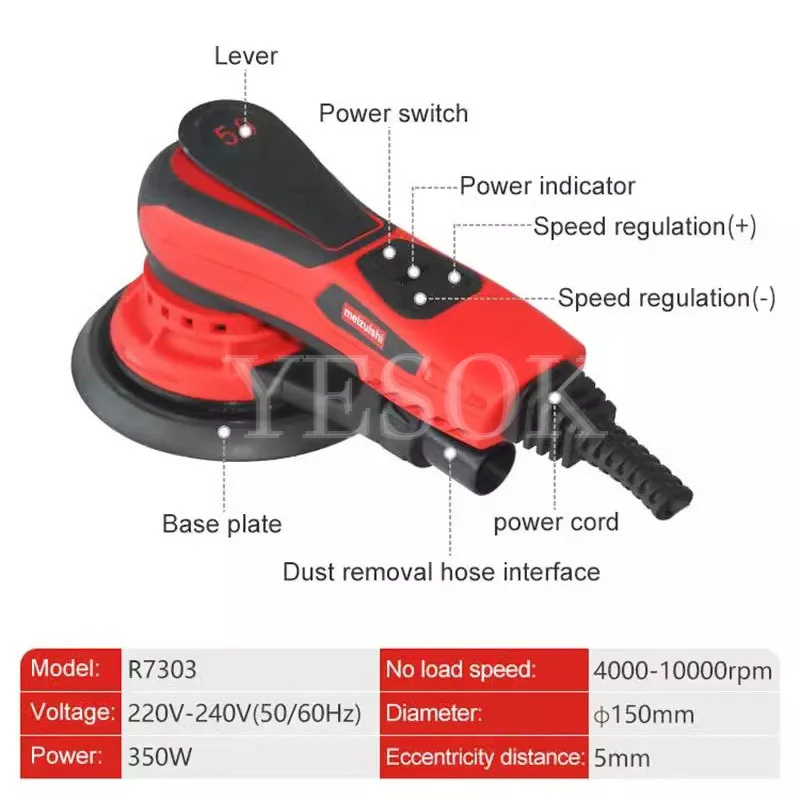 350W 5.0mm Random Orbit Sander 6inch Electric Orbit Sander Digital Display Speed Controller Sanding Polisher with Sandpaper