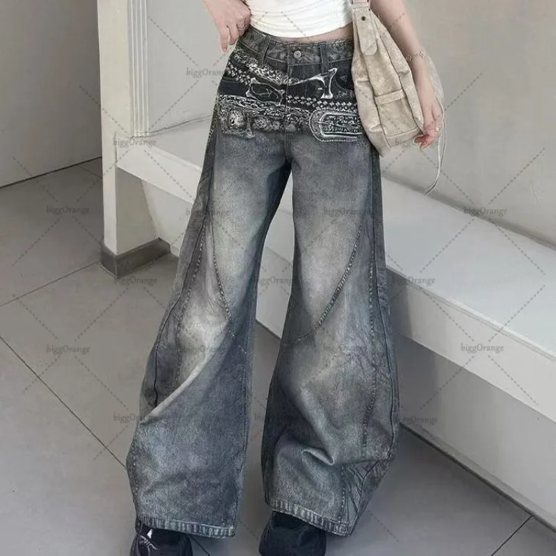 جينز هاراجوكو Y2K أوروبي أمريكي كبير الحجم موديل 2025 جينز نسائي عالي الشارع بتصميم هيب هوب غير رسمي فضفاض واسع الساق #1
