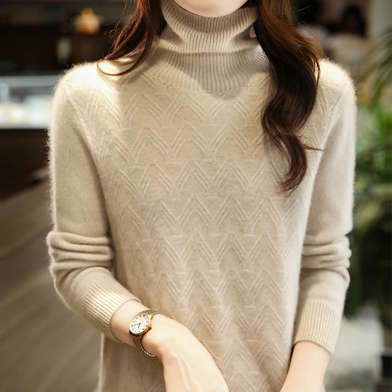 

Женский пуловер из 100% мериносовой шерсти, вязаный однотонный базовый свитер, волнистый свитер с высоким воротником, удобный и простой топ