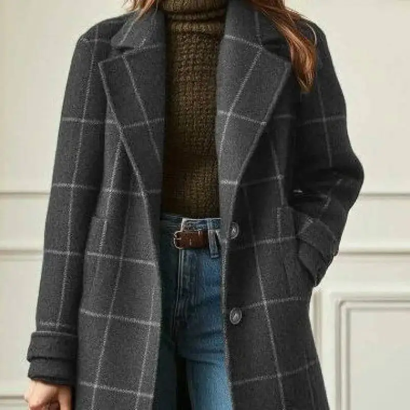 Winter Plaid Wool Trench Single-Breasted Mid-Length Notched Collar Coat Trendy Casual Fashion Women Outerwear Daily Wear