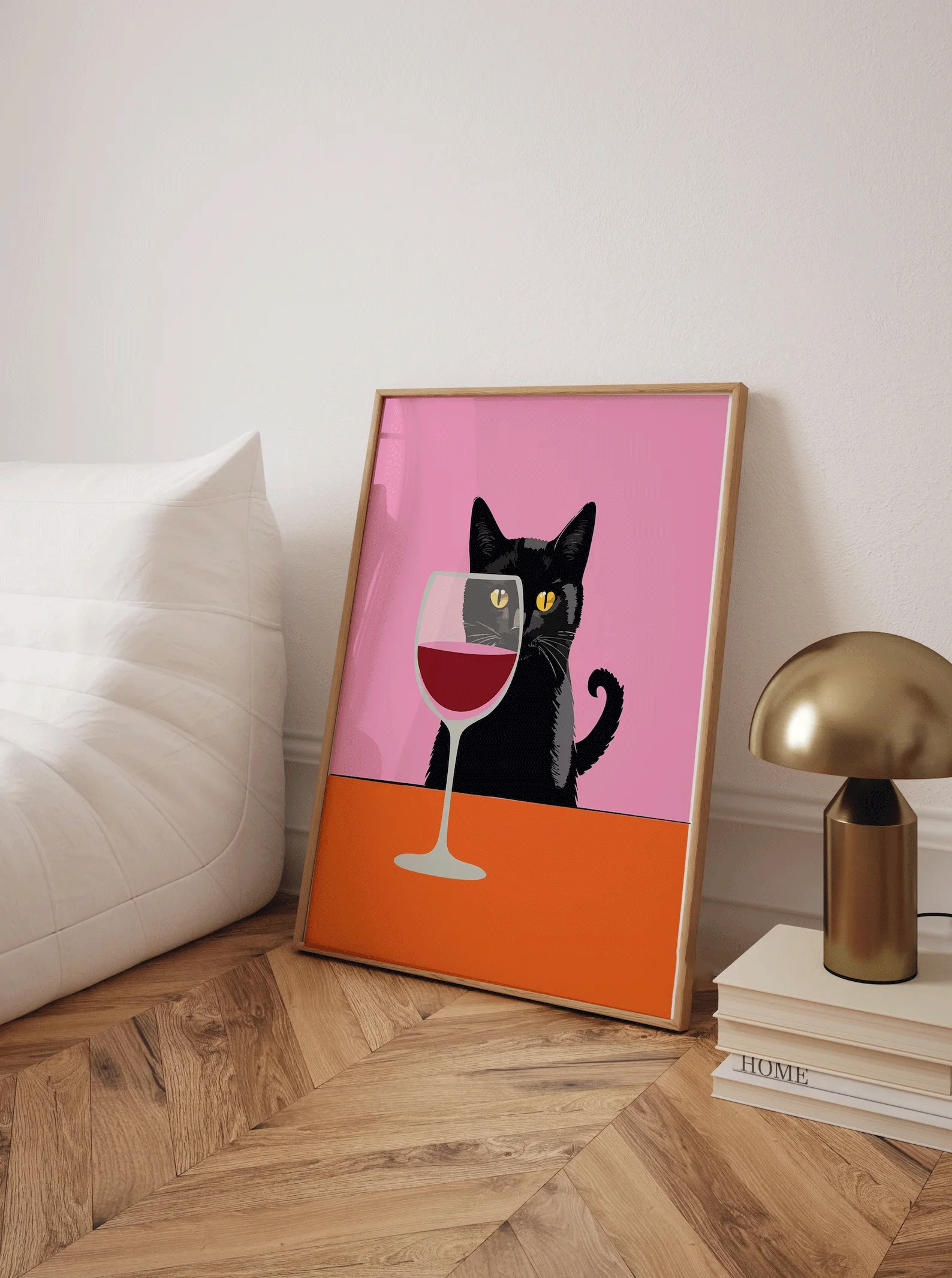 Wine Cat Wall Art, Wine Cat Art Print, Black Cat Wine Table, felne Wine Cat wall art, Pink orange, bar Cart Kitchen Wall Decor,