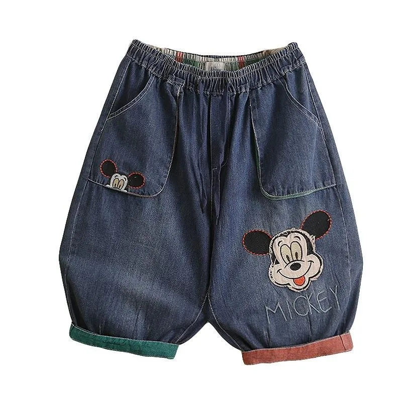 

Women's Vintage Distressed Mickey Patch Denim Shorts High Waist Loose Harem Shorts Large Pockets Knee Length Slimming Bottoms