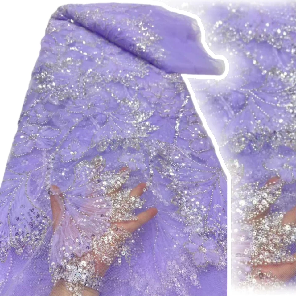 

African Purple Lace Fabric 2025 High Quality Lace Nigerian Embroidery Beaded Lace Fabrics for Sewing Wedding Party Dresses C1711