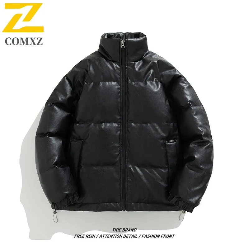 COMXZ Men Puffer Jacket Stand Collar Outdoor Snow Ski Windproof Warm PU Leather Coat Fashion Korean Fashion Autumn Winter Parkas