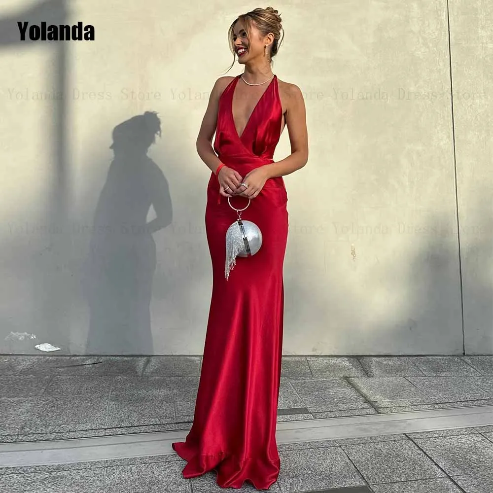 Fashion 2024 New Design A-line Evening Dresses Halter V-Neck Satin Sleeveless Open Back Party Dress Floor Length Robe de soirée