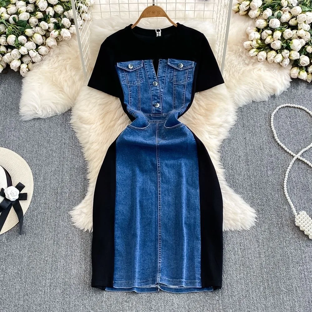 

Korean of socialite temperament short sleeved neck with waistband to show slimming denim patchwork A-line dress casual T-shirt