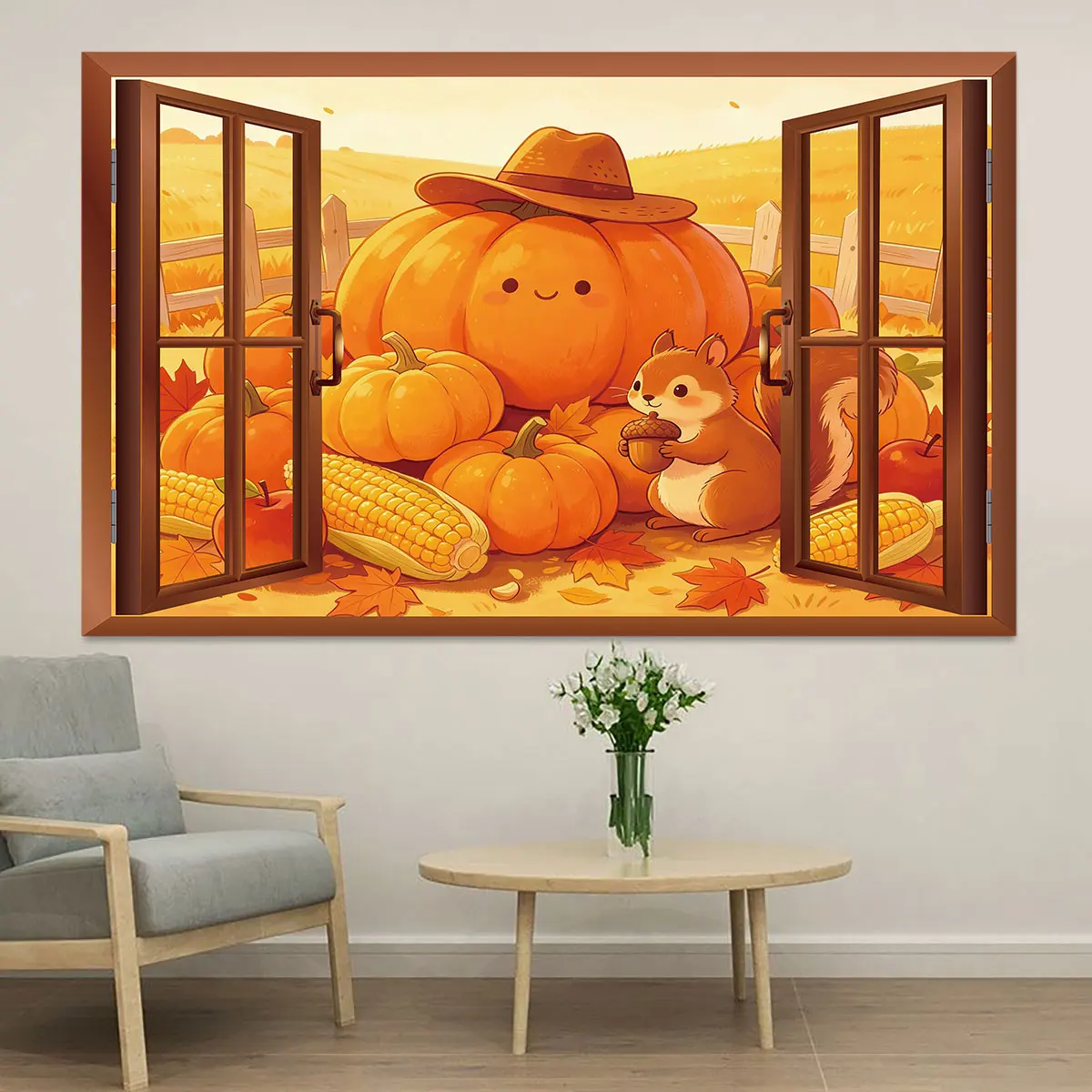 PVC self-adhesive window view pumpkin squirrel corn autumn scenery wall sticker used decorate wall hide imperfections