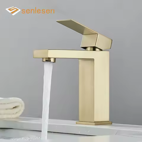 Senlesen Brushed Gold Bathroom Faucet Basin Faucets Deck Mounted Sink Mixer Tap Stainless Steel Countertop Hot Cold Water Crane
