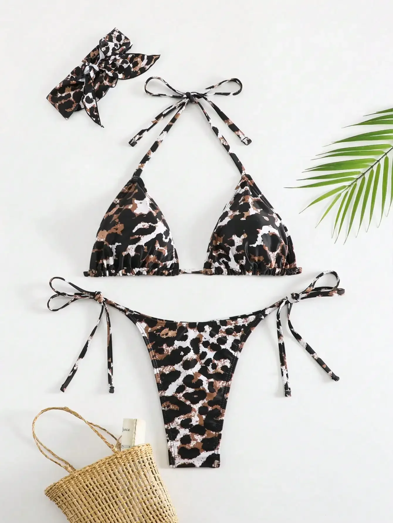 여성을위한 새로운 섹시한 스플릿 레오파드 프린트 비키니 헤드 스카프 3 피스 수영복