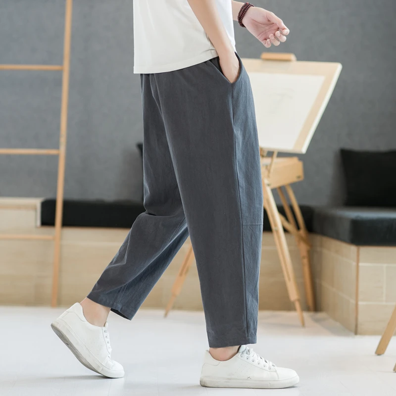 Men's Casual Linen Trousers Spring Autumn Loose Harlan Carrot Pants Trendy Loose Fit Straight Leg Long Trousers for Youth