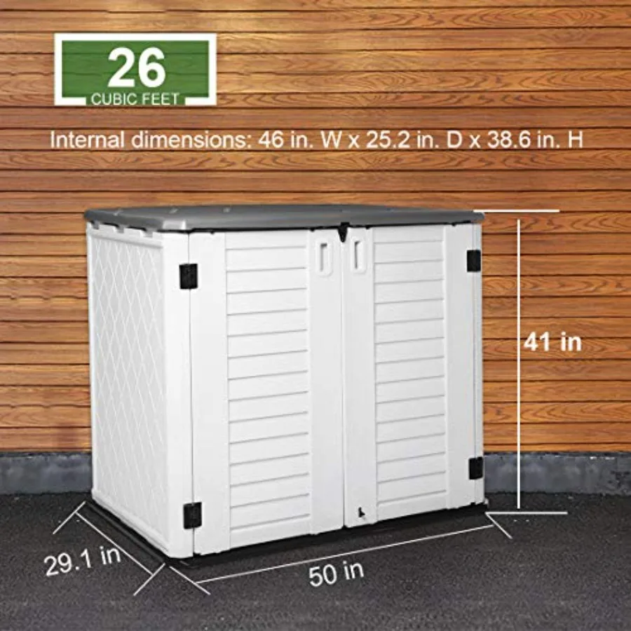Horizontal Outdoor Garden Storage Shed for Backyards and Patios, Plastic, Gray, Waterproof UV-Resistant with 26 Cu Ft Capacity